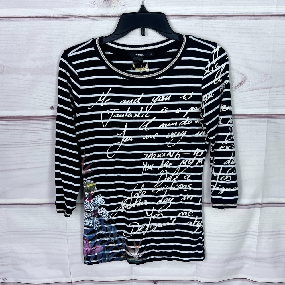 Desigual Top Womens S‎ Black Striped T-Shirt 3/4 Sleeve Floral Writing Graphic